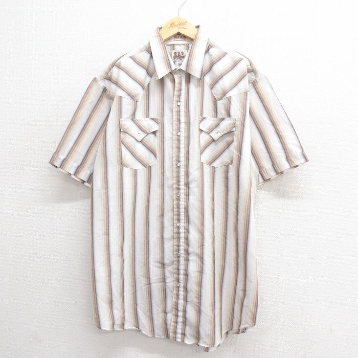 XL★古着 ELY 半袖 ウエスタン シャツ メンズ 90年代 90s 大きいサイズ ロング丈 薄茶他 ブラウン ストライプ 25jun24 中古 トップス