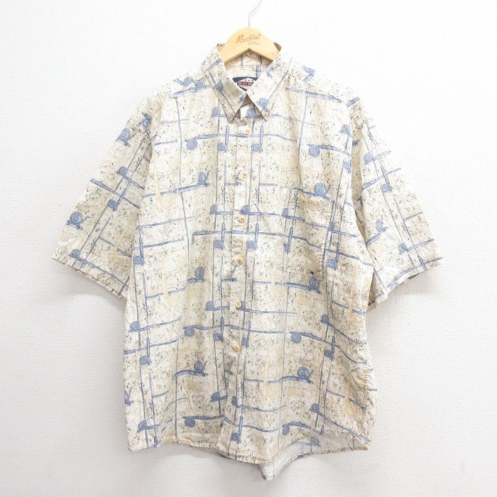 【50%OFF】XL★古着 半袖 シャツ メンズ 竿 大きいサイズ ロング丈 コットン ボタンダウン 薄ベージュ カーキ 25jun24 中古 トップス