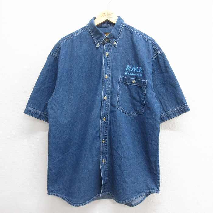 XL★古着 半袖 シャツ メンズ RMR ロング丈 コットン ボタンダウン 紺 ネイビー デニム 【spe】 25jun24 中古 トップス