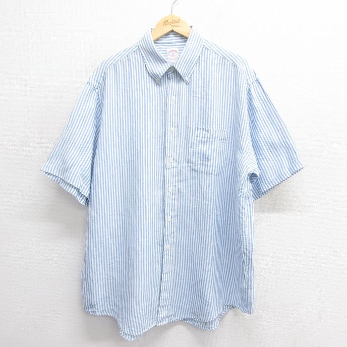 XL★古着 ブルックスブラザーズ BROOKS BROTHERS 半袖 ブランド シャツ メンズ 大きいサイズ ロング丈 リネン ボタンダウン 白他 ホワイト ストライプ 【spe】 25jun24 中古 トップス