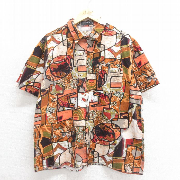 XL★古着 半袖 シャツ 総柄 茶他 ブラウン 25jun24 中古 メンズ トップス