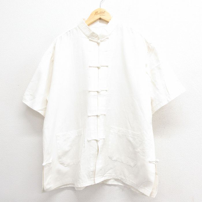 XL★古着 半袖 チャイナ シャツ メンズ スタンドカラー 生成り 25jun24 中古 トップス