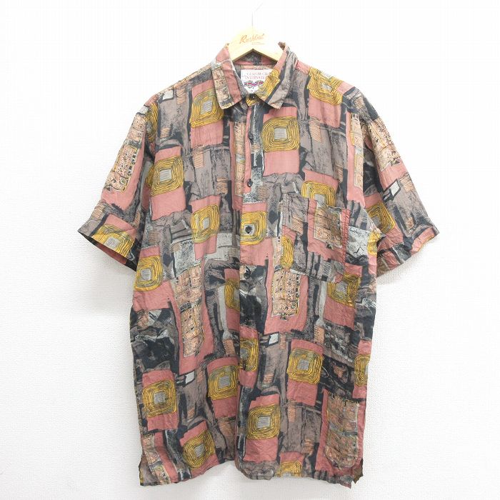 XL★古着 バンヒューセン 半袖 シャツ メンズ 00年代 00s ロング丈 シルク 黒他 ブラック 25jun24 中古 トップス