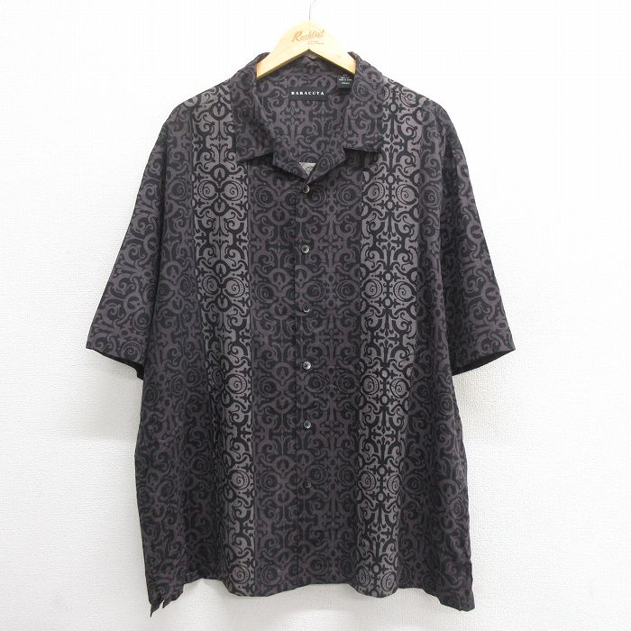 XL★古着 半袖 シャツ メンズ 総柄 シルク 大きいサイズ 開襟 オープンカラー 黒他 ブラック 25jun24 中古 トップス