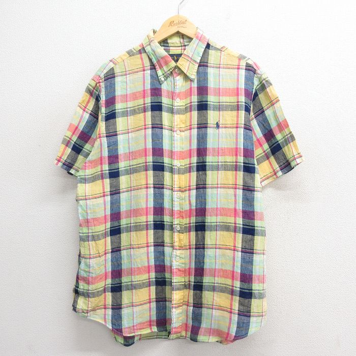 XL★古着 ラルフローレン Ralph Lauren 半袖 ブランド シャツ メンズ ワンポイントロゴ 大きいサイズ リネン ボタンダウン 黄他 イエロー チェック 25jun24 中古 トップス