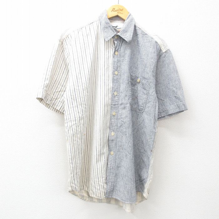 【50%OFF】L★古着 半袖 シャツ メンズ 00年代 00s リネン 紺他 ネイビー ストライプ 25jun25 中古 トップス