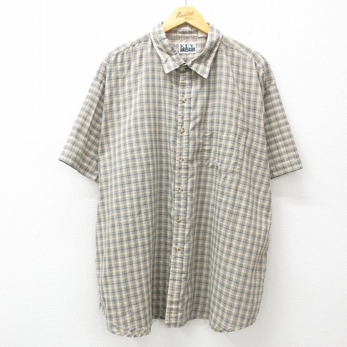 XL★古着 キー KEY 半袖 シャツ メンズ 大きいサイズ ロング丈 濃緑他 グリーン チェック 25jun25 中古 トップス
