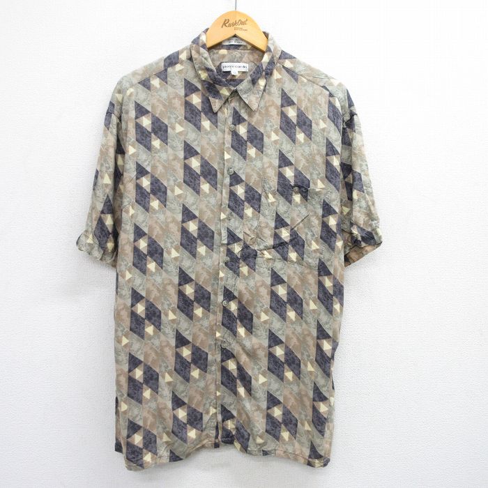 XL★古着 ピエールカルダン pierre cardin 半袖 シャツ メンズ 90年代 90s 総柄 レーヨン 緑系他 グリーン 25jun25 中古 トップス