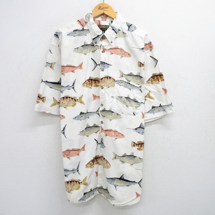 XL★古着 半袖 シャツ メンズ 90年代 90s 魚 総柄 大きいサイズ ロング丈 コットン ボタンダウン 白他 ホワイト 25jun25 中古 トップス
