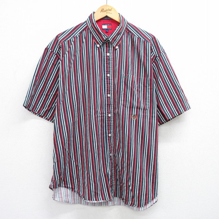 XL★古着 トミーヒルフィガー TOMMY HILFIGER 半袖 ブランド シャツ メンズ 90年代 90s ワンポイントロゴ 大きいサイズ コットン ボタンダウン 紺他 ネイビー ストライプ 【spe】 25jun25 中古 トップス
