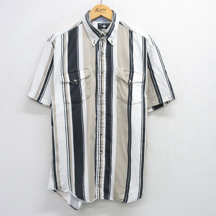 XL★古着 半袖 ウエスタン シャツ メンズ 80年代 80s コットン ボタンダウン USA製 白他 ホワイト ストライプ 25jun25 中古 トップス