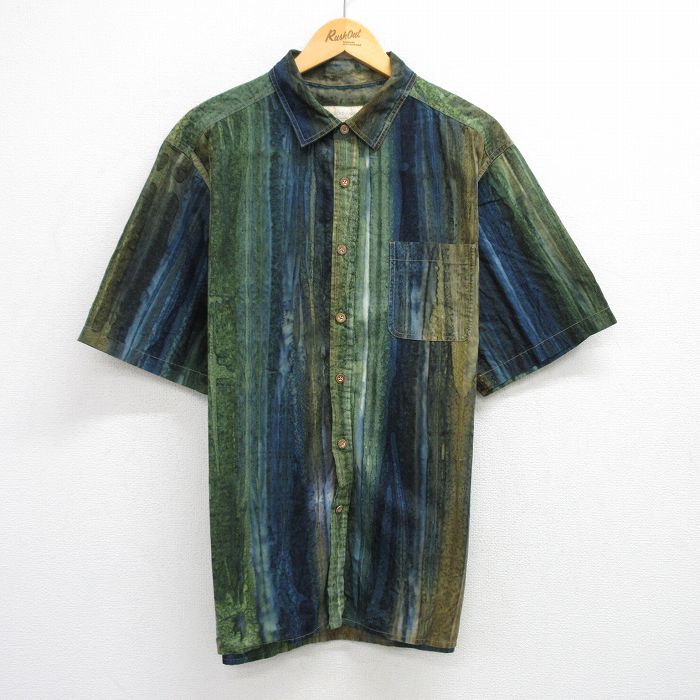 XL★古着 半袖 シャツ メンズ 大きいサイズ コットン 濃緑他 グリーン 25jun25 中古 トップス