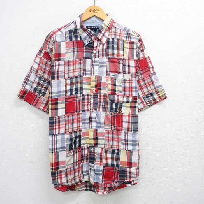 XL★古着 トミーヒルフィガー TOMMY HILFIGER 半袖 ブランド シャツ メンズ ワンポイントロゴ パッチワーク 大きいサイズ コットン ボタンダウン 赤他 レッド チェック 【spe】 25jun25 中古 トップス