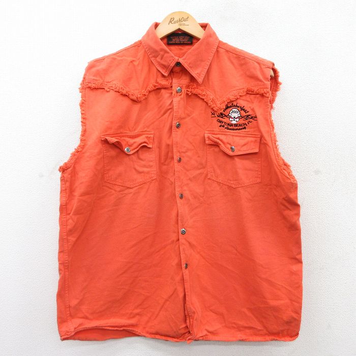 XL★古着 ノースリーブ シャツ メンズ 00年代 00s スカル デイトナビーチ コットン オレンジ デニム 25jun25 中古 トップス