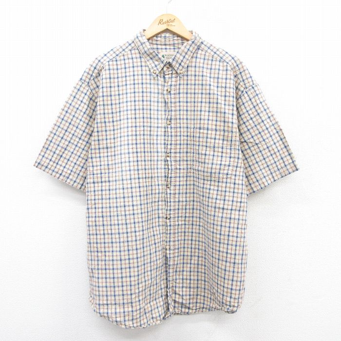 XL★古着 半袖 シャツ メンズ 90年代 90s 大きいサイズ リネン ボタンダウン 薄ベージュ他 カーキ チェック 25jun25 中古 トップス