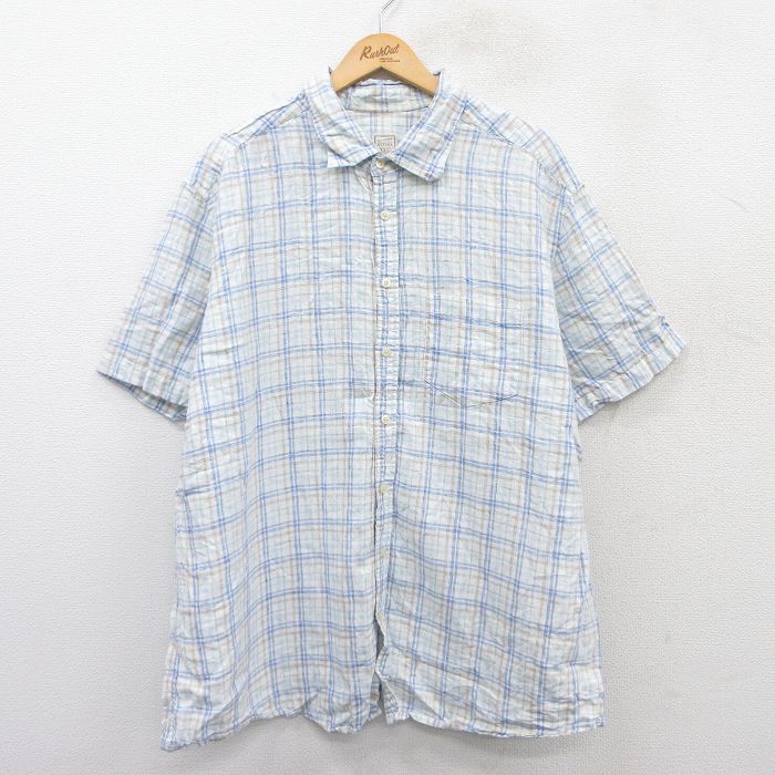 XL★古着 半袖 シャツ メンズ 大きいサイズ ロング丈 リネン 薄紺他 ネイビー チェック 25jun25 中古 トップス