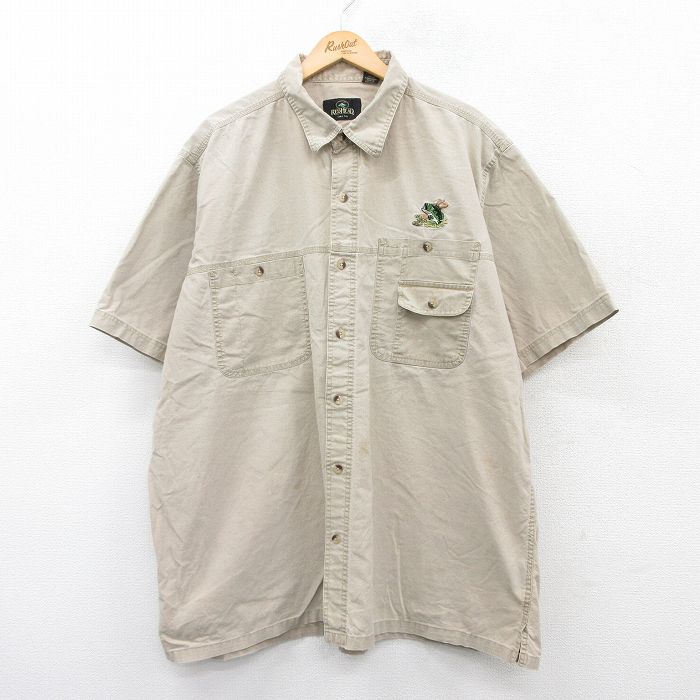 XL★古着 レッドヘッド 半袖 シャツ メンズ 00年代 00s 魚 大きいサイズ ロング丈 コットン ベージュ カーキ 25jun25 中古 トップス