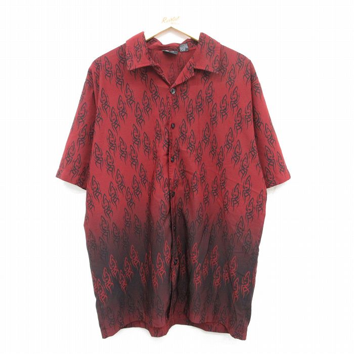 スカル総柄 半袖開襟シャツ レッド XL | 古着