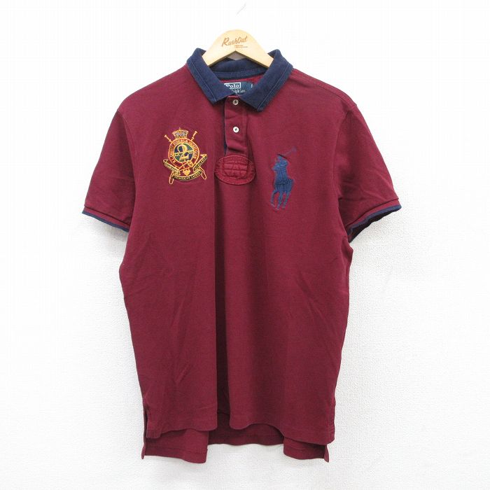 XL★古着 ラルフローレン Ralph Lauren 半袖 ブランド ラガー シャツ メンズ 90年代 90s ビッグポニー 2 鹿の子 コットン エンジ 25jun25 中古 トップス