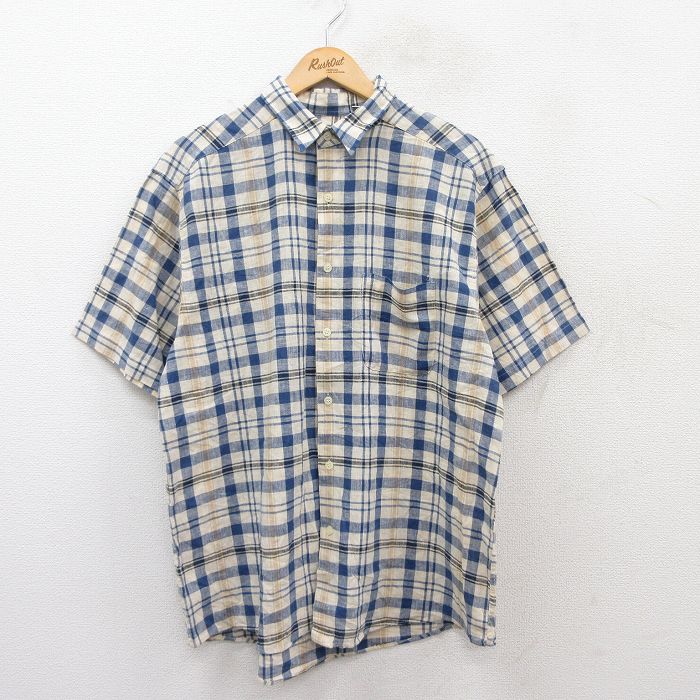 L★古着 半袖 シャツ メンズ 90年代 90s リネン 生成り他 チェック 25jun25 中古 トップス
