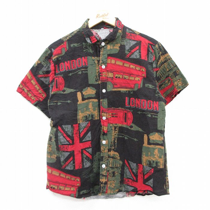 M★古着 半袖 シャツ メンズ ロンドン ユニオンジャック バス 総柄 黒他 ブラック 25jun25 中古 トップス
