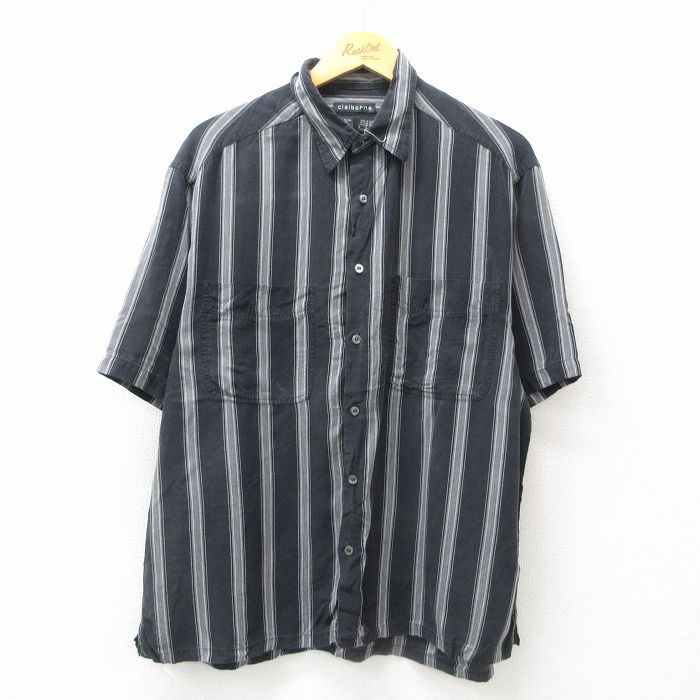 【50%OFF】XL★古着 半袖 シャツ メンズ レーヨン 黒他 ブラック ストライプ 25jun26 中古 トップス