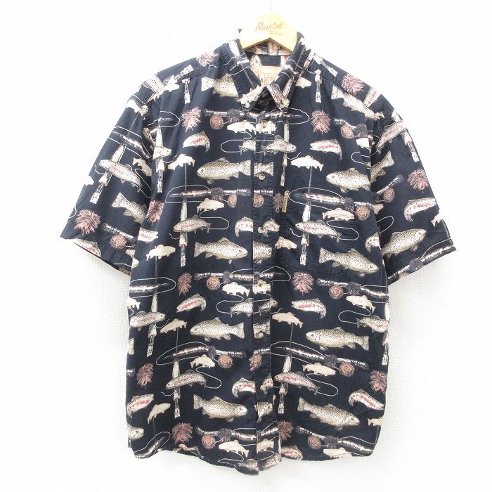XL★古着 半袖 シャツ メンズ 魚 大きいサイズ コットン ボタンダウン 黒他 ブラック 25jun26 中古 トップス