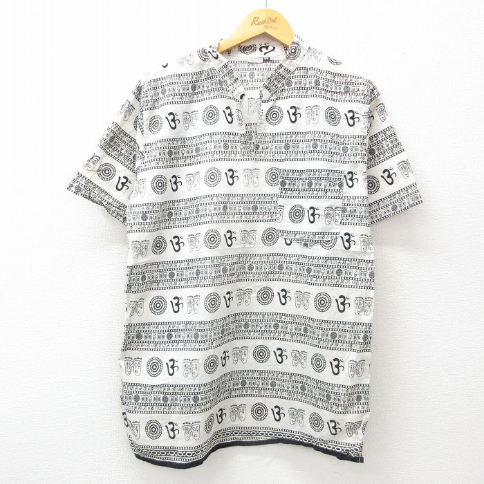 L★古着 半袖 シャツ メンズ 総柄 コットン ノーカラー 白他 ホワイト 25jun26 中古 トップス