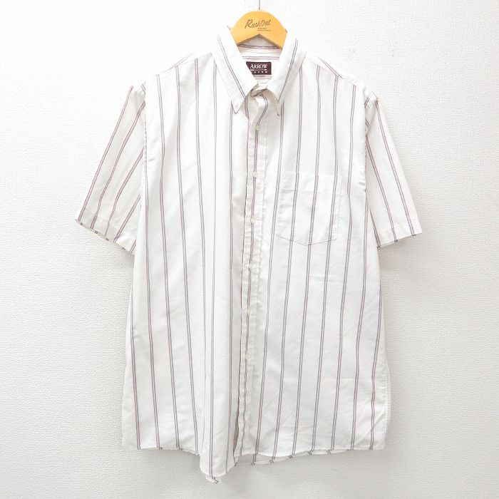 XL★古着 アロー 半袖 シャツ メンズ 90年代 90s 大きいサイズ ボタンダウン 白他 ホワイト ストライプ 25jun26 中古 トップス