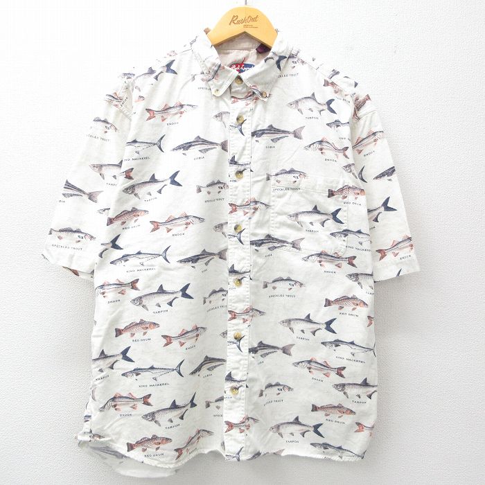 XL★古着 半袖 シャツ メンズ 魚 コットン ボタンダウン 白他 ホワイト 【spe】 25jun26 中古 トップス