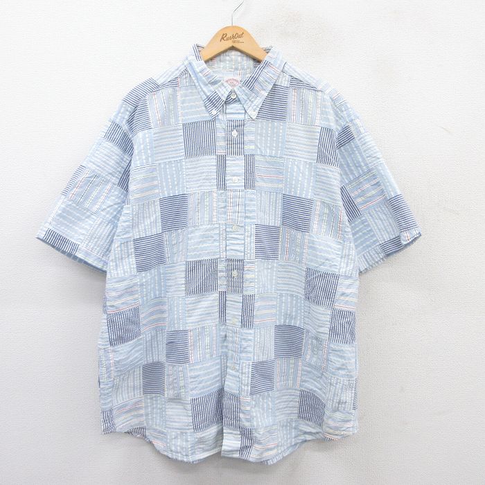 XL★古着 ブルックスブラザーズ BROOKS BROTHERS 半袖 ブランド シャツ メンズ パッチワーク シアサッカー 大きいサイズ ロング丈 コットン ボタンダウン 薄紺他 ネイビー チェック 25jun28 中古 トップス