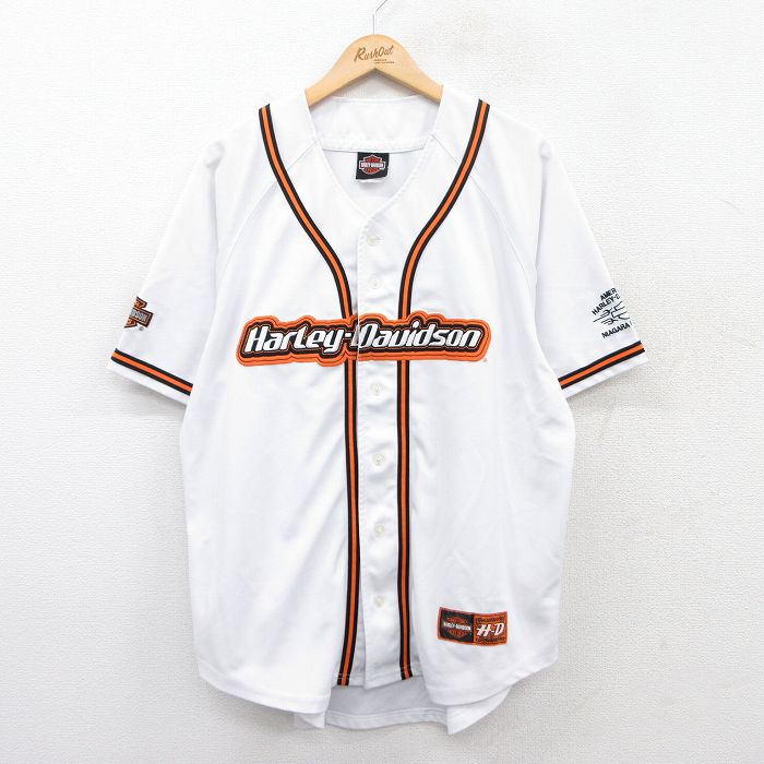 XL★古着 ハーレーダビッドソン Harley Davidson 半袖 ベースボール シャツ メンズ ビッグロゴ 刺繍 ラグラン ロング丈 白他 ホワイト 【spe】 25jun28 中古 トップス