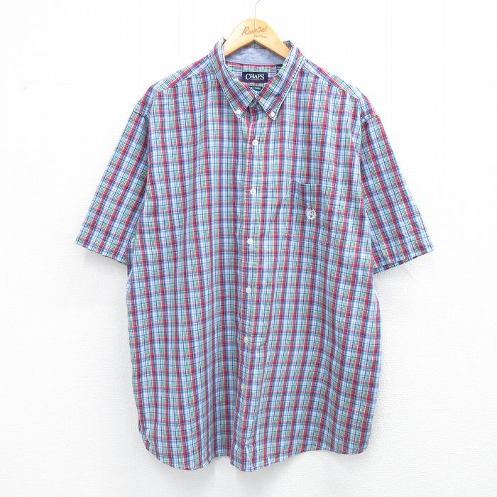 XL★古着 チャップス 半袖 シャツ メンズ ワンポイントロゴ 大きいサイズ ロング丈 ボタンダウン 紺他 ネイビー チェック 25jun28 中古 トップス