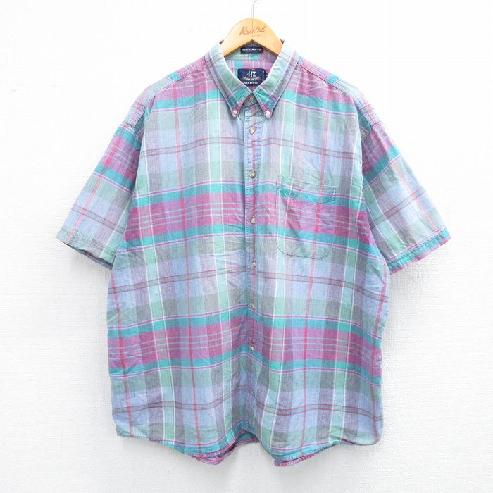 XL★古着 バンヒューセン 半袖 シャツ メンズ 90年代 90s 大きいサイズ コットン ボタンダウン 薄青緑系他 チェック 25jun28 中古 トップス