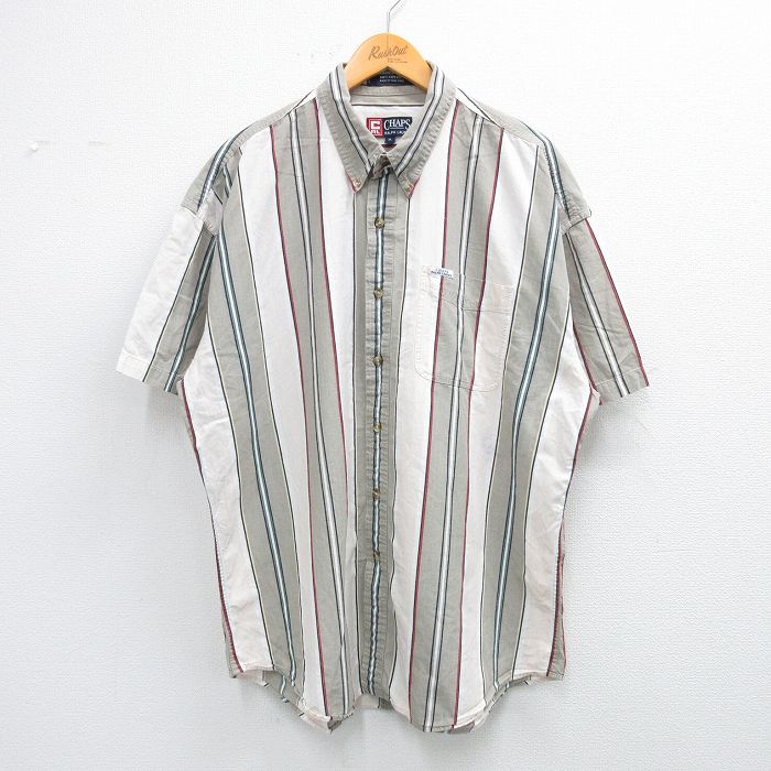 【50%OFF】XL★古着 ラルフローレン Ralph Lauren チャップス 半袖 ブランド シャツ メンズ 大きいサイズ ロング丈 コットン ボタンダウン ベージュ系他 カーキ ストライプ 25jun28 中古 トップス