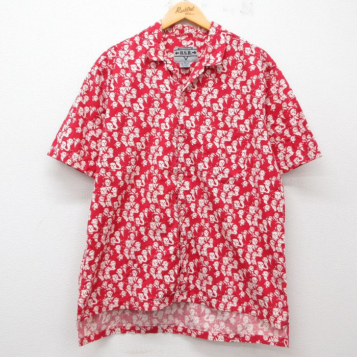 XL★古着 半袖 シャツ メンズ 00年代 00s 顔 総柄 コットン 赤 レッド 25jun28 中古 トップス