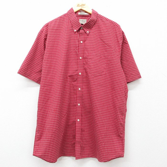 XL★古着 エルエルビーン LLBEAN 半袖 シャツ メンズ 00年代 00s 大きいサイズ ロング丈 コットン ボタンダウン 赤他 レッド チェック 25jun28 中古 トップス