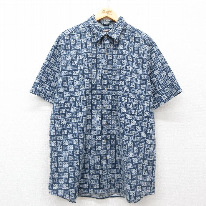XL★古着 半袖 シャツ メンズ 90年代 90s 総柄 大きいサイズ ロング丈 コットン 紺他 ネイビー 25jun28 中古 トップス
