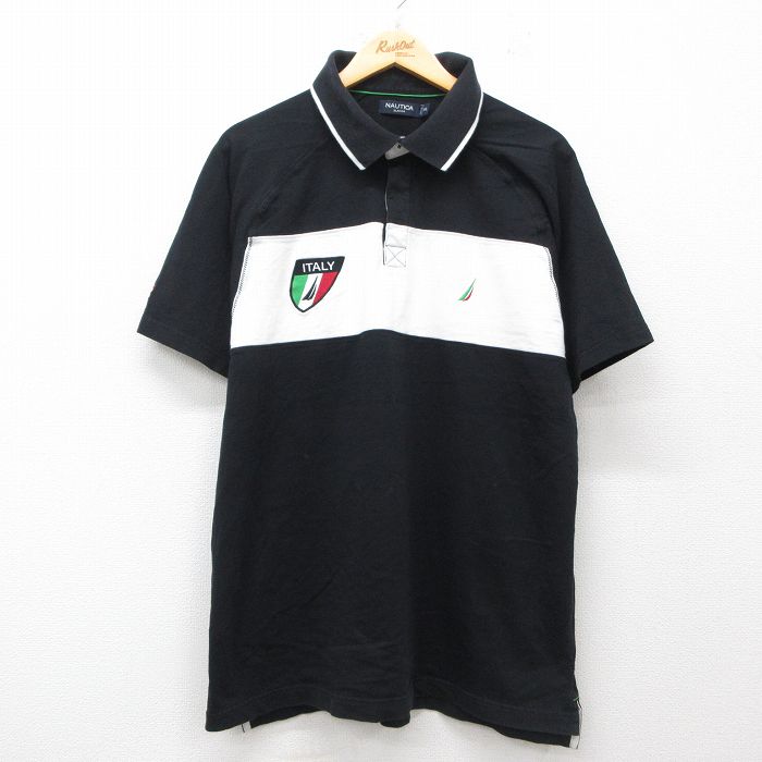 【50%OFF】L★古着 ノーティカ NAUTICA 半袖 ブランド ラガー シャツ メンズ ワンポイントロゴ イタリア ラグラン コットン 黒他 ブラック 25jun28 中古 トップス