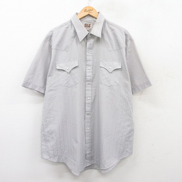 XL★古着 ELY 半袖 ウエスタン シャツ メンズ 90年代 90s 大きいサイズ ロング丈 グレー系 ストライプ 25jun28 中古 トップス