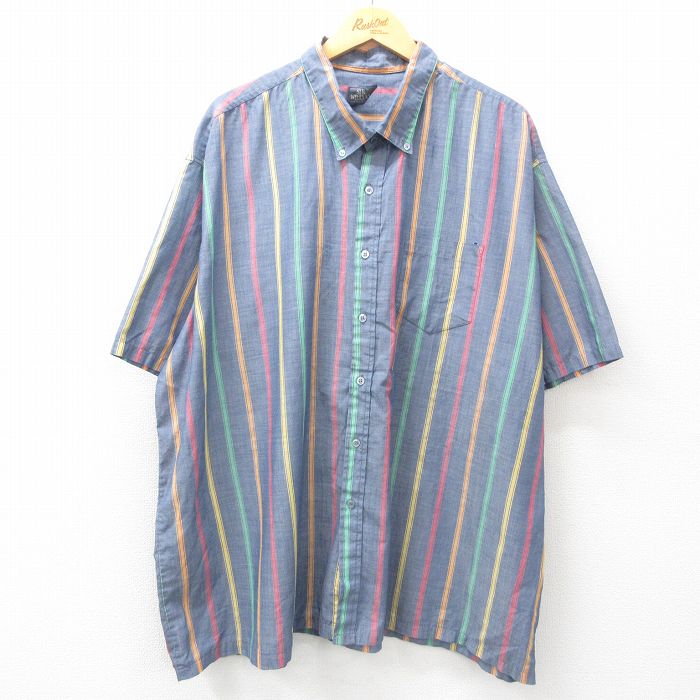 XL★古着 半袖 シャツ メンズ 90年代 90s 大きいサイズ ロング丈 ボタンダウン 薄紺他 ネイビー ストライプ 25jun30 中古 トップス