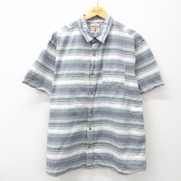 XL★古着 レッドヘッド 半袖 シャツ メンズ 大きいサイズ コットン 紺他 ネイビー ボーダー 25jun30 中古 トップス