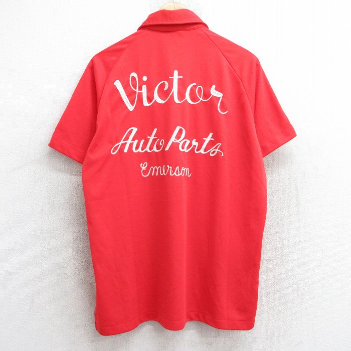 【20%OFF】L★古着 ヒルトン 半袖 ハーフジップ ボウリング シャツ メンズ 90年代 90s Victor 刺繍 チェーンステッチ刺繍 ラグラン USA製 赤他 レッド 【spe】 25jul01 中古 トップス