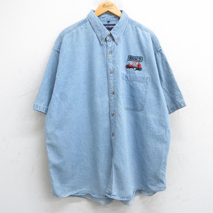 XL★古着 スイングスター 半袖 シャツ メンズ 90年代 90s トラック ROSCO 大きいサイズ コットン ボタンダウン 薄紺 ネイビー デニム 25jul01 中古 トップス