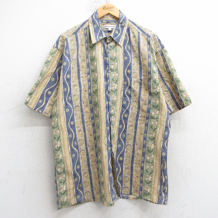 XL★古着 ピエールカルダン pierre cardin 半袖 ブランド シャツ メンズ 90年代 90s 花 コットン ベージュ他 カーキ 25jul02 中古 トップス