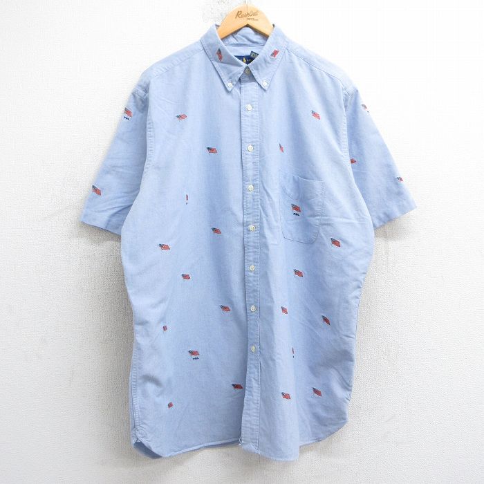 XL★古着 ラルフローレン Ralph Lauren 半袖 ブランド シャツ メンズ 星条旗 総柄 オックスフォード 大きいサイズ ロング丈 コットン ボタンダウン 薄紺 ネイビー 25jul02 中古 トップス