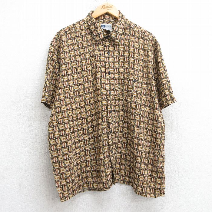 XL★古着 半袖 シャツ メンズ 00年代 00s 総柄 レーヨン 黒他 ブラック 25jul02 中古 トップス