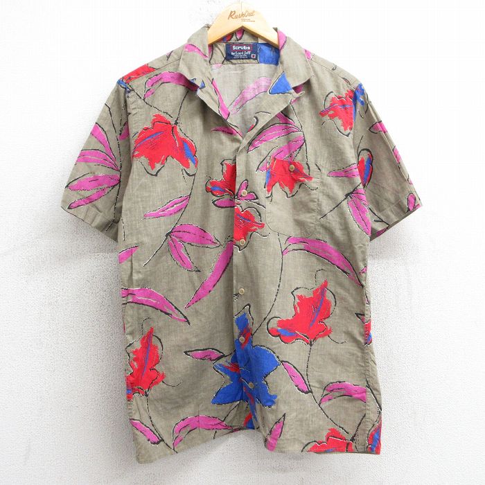 M★古着 半袖 シャツ メンズ 90年代 90s 花 総柄 コットン 開襟 オープンカラー USA製 ベージュ系他 カーキ 25jul02 中古 トップス
