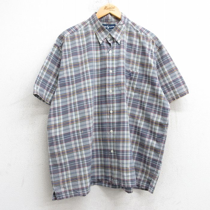 【50%OFF】XL★古着 ラルフローレン Ralph Lauren 半袖 ブランド シャツ メンズ 90年代 90s ワンポイントロゴ GREGGOR 大きいサイズ コットン ボタンダウン グレー他 チェック 25jul02 中古 トップス