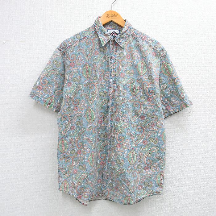 M★古着 半袖 シャツ メンズ 90年代 90s ペイズリー柄 コットン 薄紺他 ネイビー 25jul02 中古 トップス